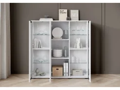 Highboard moderno 120 cm – vitrine alta para sala com vidro, corpo branco mate, frentes branco brilho