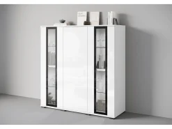 Highboard moderno 120 cm – vitrine alta para sala com vidro, corpo branco mate, frentes branco brilho
