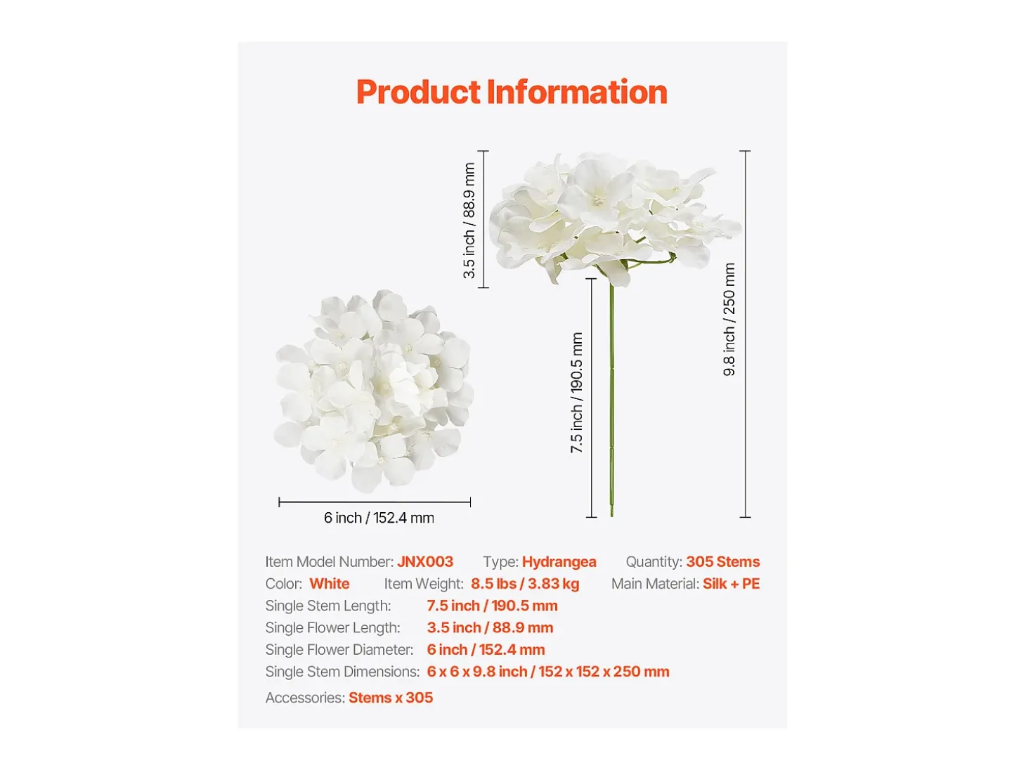 Hortênsia Artificial SucceBuy Flores Artificiais 250 mm, Buquês de Flores Falsas Aparência Realista com Cabeça 152,4 mm, Lote de 305, Branco
