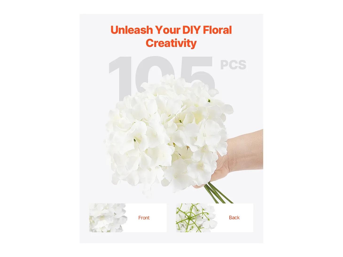 Hortênsia Artificial SucceBuy Flores Artificiais 250 mm, Buquês de Flores Falsas Aparência Realista com Cabeça 152,4 mm, Lote de 105, Branco