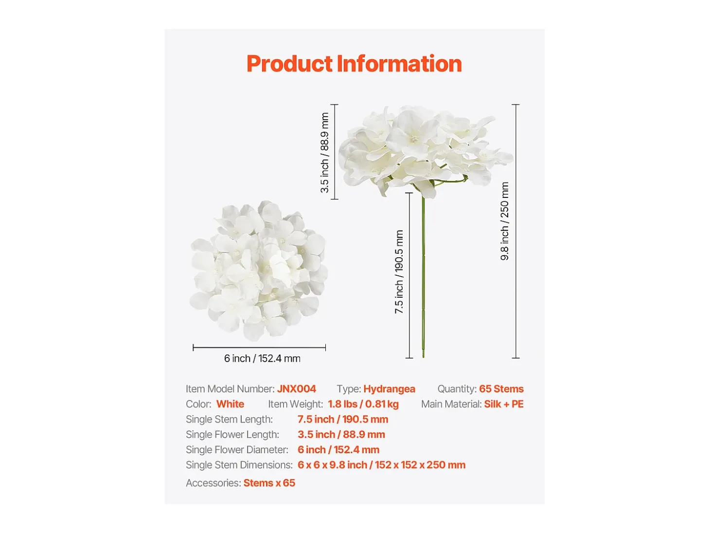 Hortênsia Artificial SucceBuy Flores Artificiais 250 mm, Buquês de Flores Falsas Aparência Realista com Cabeça 152,4 mm, Lote de 65, Branco