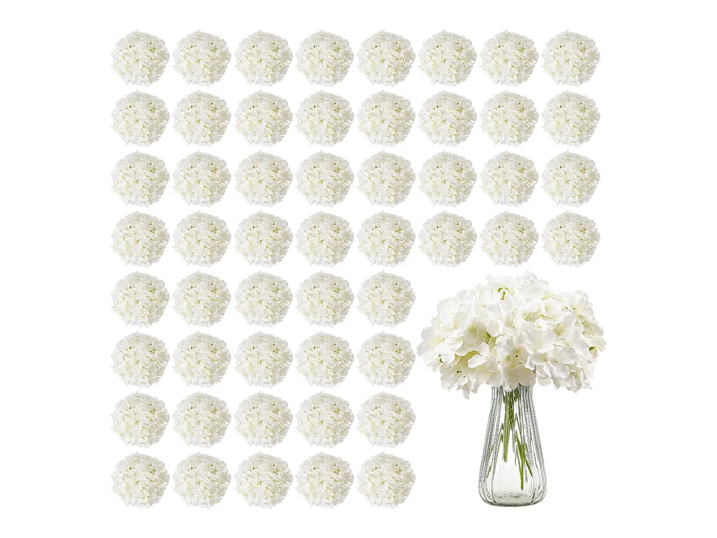 Hortênsia Artificial SucceBuy Flores Artificiais 250 mm, Buquês de Flores Falsas Aparência Realista com Cabeça 152,4 mm, Lote de 65, Branco