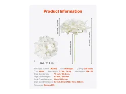 Hortênsia Artificial SucceBuy Flores Artificiais 250 mm, Buquês de Flores Falsas Aparência Realista com Cabeça 152,4 mm, Lote de 205, Branco
