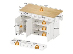 Ilha central com tampo rebatível - 137 x 45/70 x 89,5 cm - com 2 gavetas + 3 portas - MDF - branco