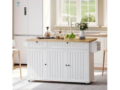 Ilha central com tampo rebatível - 137 x 45/70 x 89,5 cm - com 2 gavetas + 3 portas - MDF - branco
