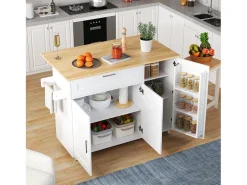 Ilha central de cozinha - com balcão dobrável - múltiplos compartimentos de armazenamento - Branco