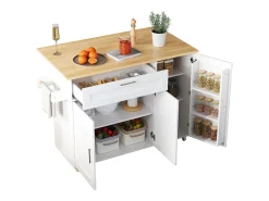 Ilha central de cozinha - com balcão dobrável - múltiplos compartimentos de armazenamento - Branco
