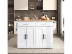 Ilha central de cozinha - 2 gavetas e 4 compartimentos - pés com rodas ou de madeira - Branco