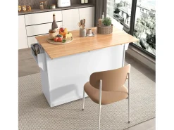 Ilha central de cozinha - 2 gavetas e 4 compartimentos - pés com rodas ou de madeira - Branco