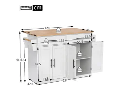 Ilha central de cozinha - 2 gavetas e 4 compartimentos - pés com rodas ou de madeira - Branco