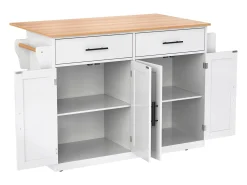 Ilha central de cozinha - 2 gavetas e 4 compartimentos - pés com rodas ou de madeira - Branco