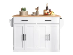 Ilha central de cozinha - 2 gavetas e 4 compartimentos - pés com rodas ou de madeira - Branco