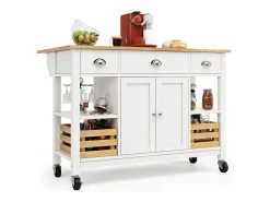 Ilha central de cozinha - carrinho com rodas e plano extensível - 3 gavetas e 2 portas - Branco