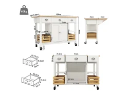 Ilha central de cozinha - carrinho com rodas e plano extensível - 3 gavetas e 2 portas - Branco