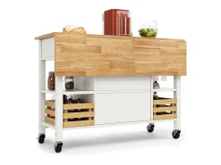 Ilha central de cozinha - carrinho com rodas e plano extensível - 3 gavetas e 2 portas - Branco