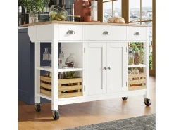 Ilha central de cozinha - carrinho com rodas e plano extensível - 3 gavetas e 2 portas - Branco