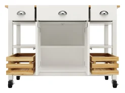 Ilha central de cozinha - carrinho com rodas e plano extensível - 3 gavetas e 2 portas - Branco