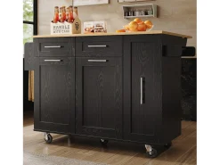 Ilha central de cozinha - carrinho com rodas e plano retrátil - 2 gavetas e 2 portas - Preto