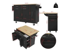 Ilha central de cozinha - carrinho com rodas e plano retrátil - 2 gavetas e 2 portas - Preto