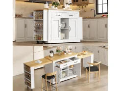 Ilha central de cozinha - 2 mesas de jantar extensíveis - con 2 tomadas de corriente y 2 portas USB - grande espaço de armazenamento - Natural + Branco