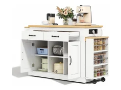 Ilha central de cozinha - 2 mesas de jantar extensíveis - con 2 tomadas de corriente y 2 portas USB - grande espaço de armazenamento - Natural + Branco