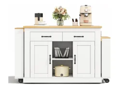 Ilha central de cozinha - 2 mesas de jantar extensíveis - con 2 tomadas de corriente y 2 portas USB - grande espaço de armazenamento - Natural + Branco