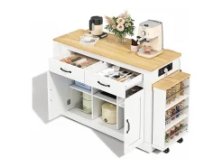 Ilha central de cozinha - 2 mesas de jantar extensíveis - con 2 tomadas de corriente y 2 portas USB - grande espaço de armazenamento - Natural + Branco