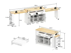 Ilha central de cozinha - 2 mesas de jantar extensíveis - con 2 tomadas de corriente y 2 portas USB - grande espaço de armazenamento - Natural + Branco