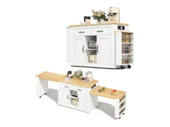 Ilha central de cozinha - 2 mesas de jantar extensíveis - con 2 tomadas de corriente y 2 portas USB - grande espaço de armazenamento - Natural + Branco