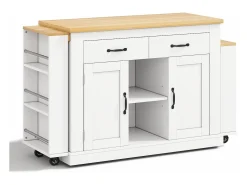 Ilha central de cozinha - 2 mesas de jantar extensíveis - con 2 tomadas de corriente y 2 portas USB - grande espaço de armazenamento - Natural + Branco