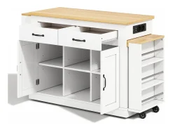 Ilha central de cozinha - 2 mesas de jantar extensíveis - con 2 tomadas de corriente y 2 portas USB - grande espaço de armazenamento - Natural + Branco