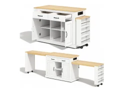 Ilha central de cozinha - 2 mesas de jantar extensíveis - con 2 tomadas de corriente y 2 portas USB - grande espaço de armazenamento - Natural + Branco