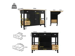 Ilha central de cozinha - carrinho com rodas e plano extensível - 3 gavetas e 2 portas - Preto