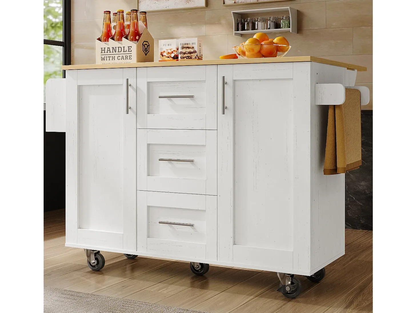 Ilha central de cozinha - carrinho com rodas e plano extensível - 3 gavetas e 2 portas - Branco