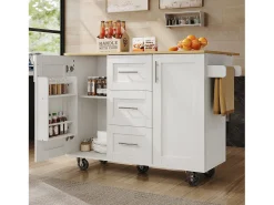 Ilha central de cozinha - carrinho com rodas e plano extensível - 3 gavetas e 2 portas - Branco