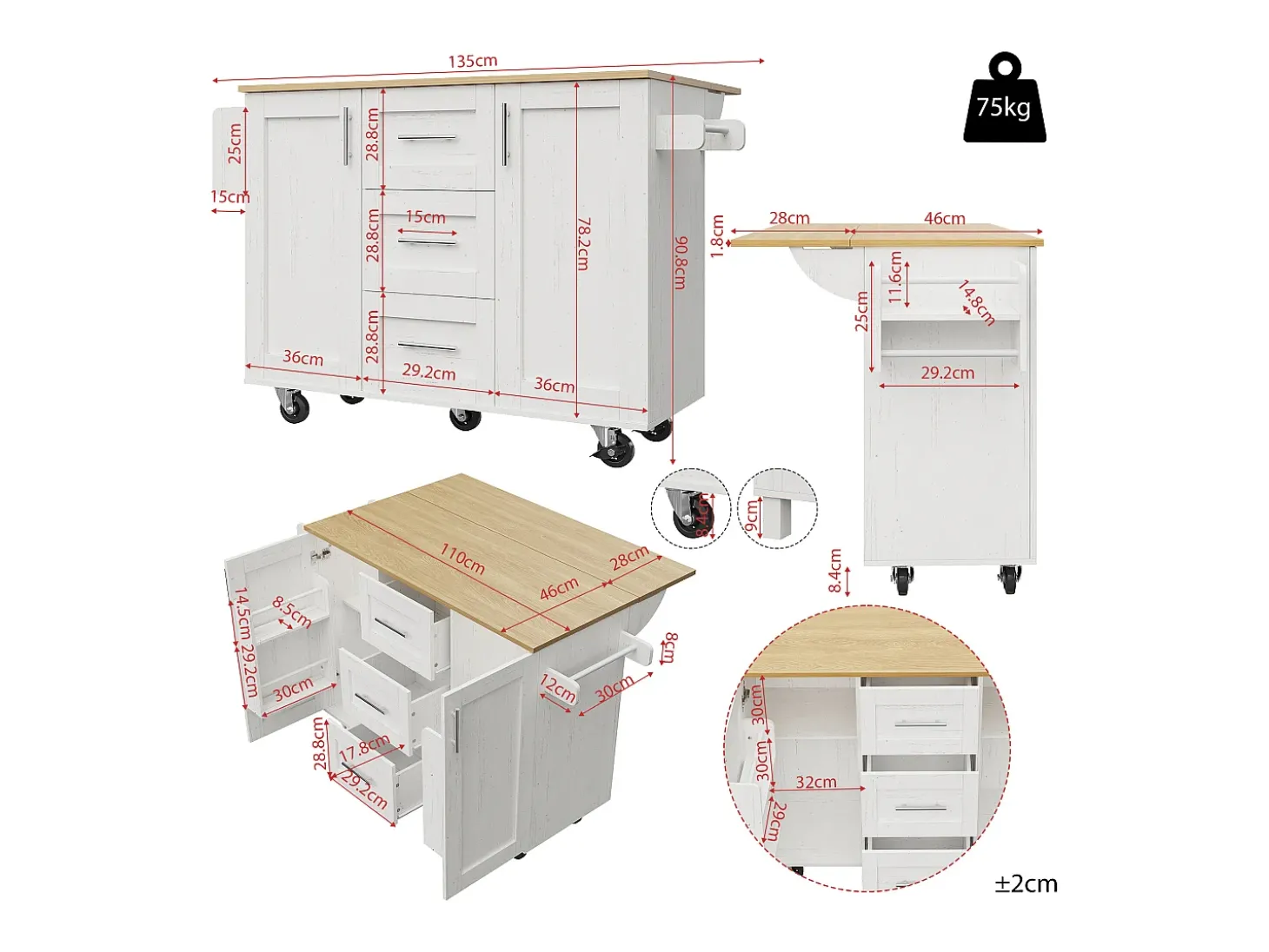 Ilha central de cozinha - carrinho com rodas e plano extensível - 3 gavetas e 2 portas - Branco