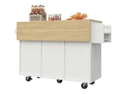 Ilha central de cozinha - carrinho com rodas e plano extensível - 3 gavetas e 2 portas - Branco