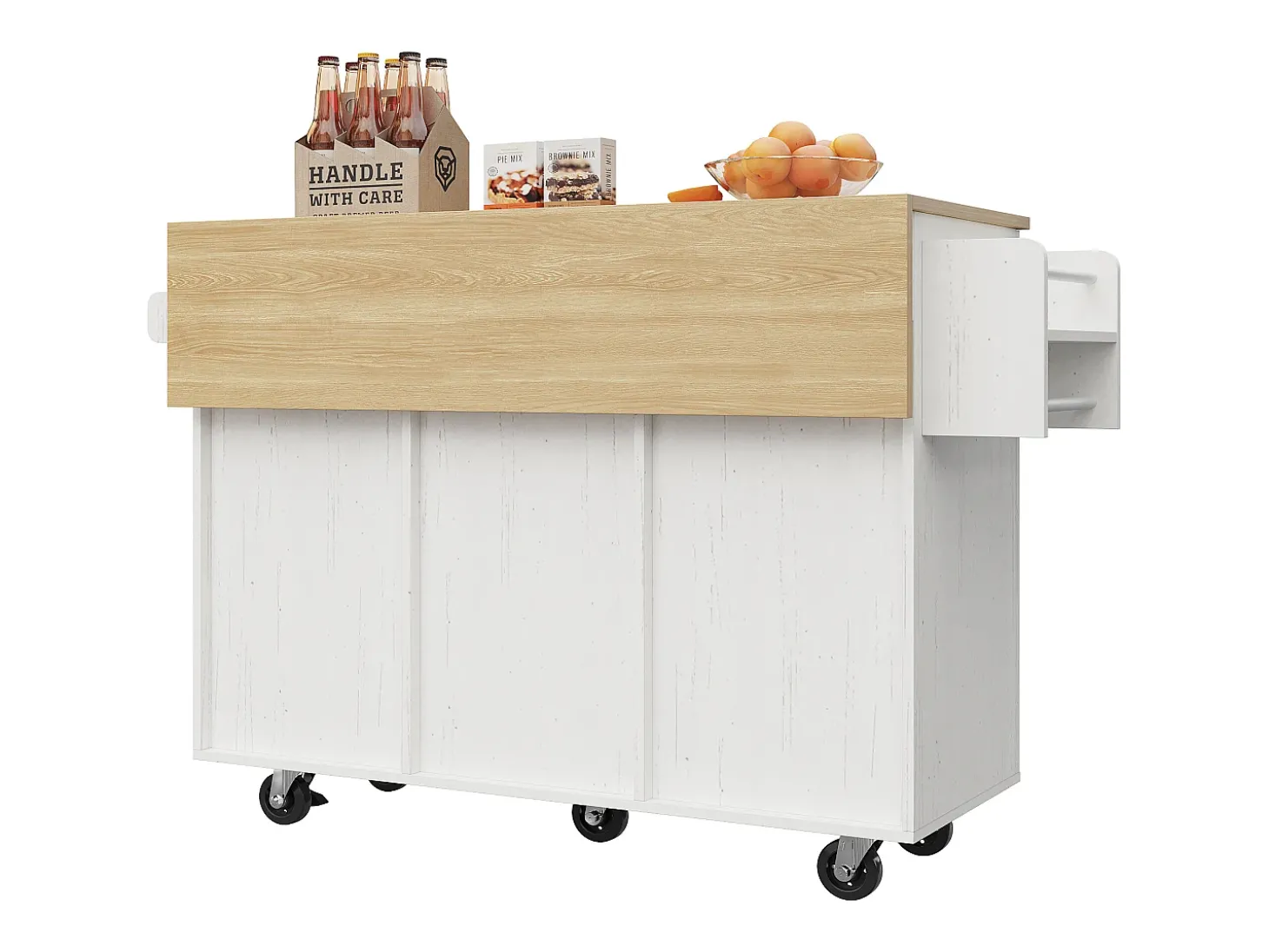 Ilha central de cozinha - carrinho com rodas e plano extensível - 3 gavetas e 2 portas - Branco