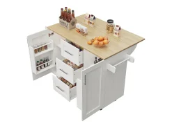 Ilha central de cozinha - carrinho com rodas e plano extensível - 3 gavetas e 2 portas - Branco