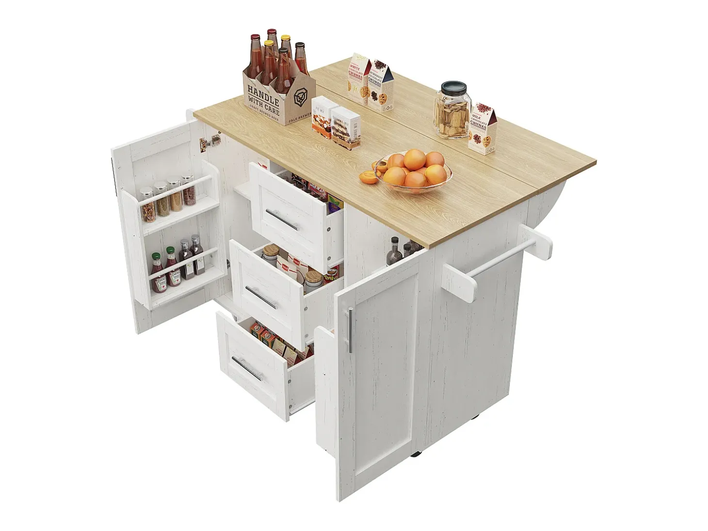 Ilha central de cozinha - carrinho com rodas e plano extensível - 3 gavetas e 2 portas - Branco