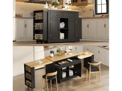 Ilha central de cozinha - 2 mesas de jantar extensíveis - con 2 tomadas de corriente y 2 portas USB - grande espaço de armazenamento - Natural + Preto