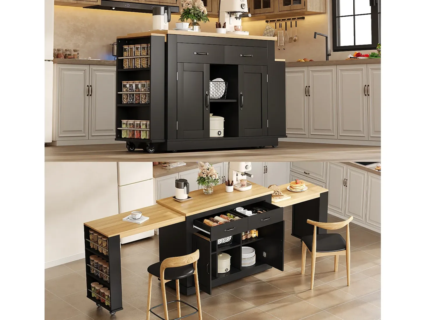 Ilha central de cozinha - 2 mesas de jantar extensíveis - con 2 tomadas de corriente y 2 portas USB - grande espaço de armazenamento - Natural + Preto