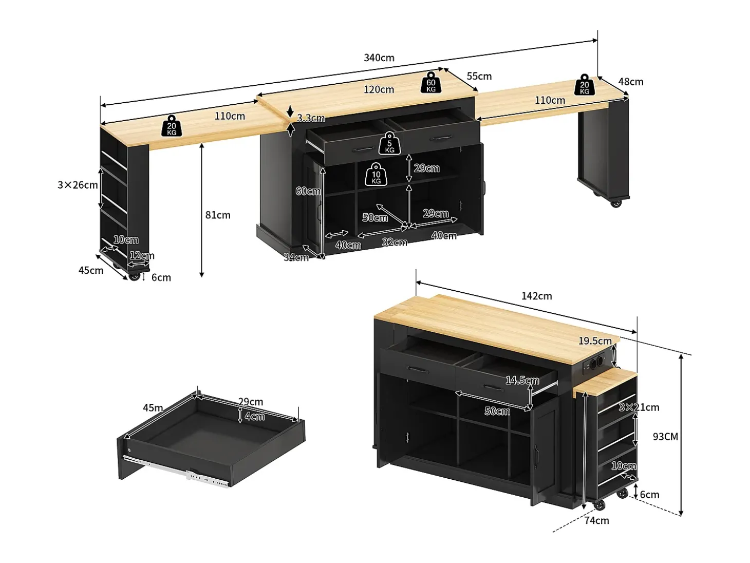 Ilha central de cozinha - 2 mesas de jantar extensíveis - con 2 tomadas de corriente y 2 portas USB - grande espaço de armazenamento - Natural + Preto
