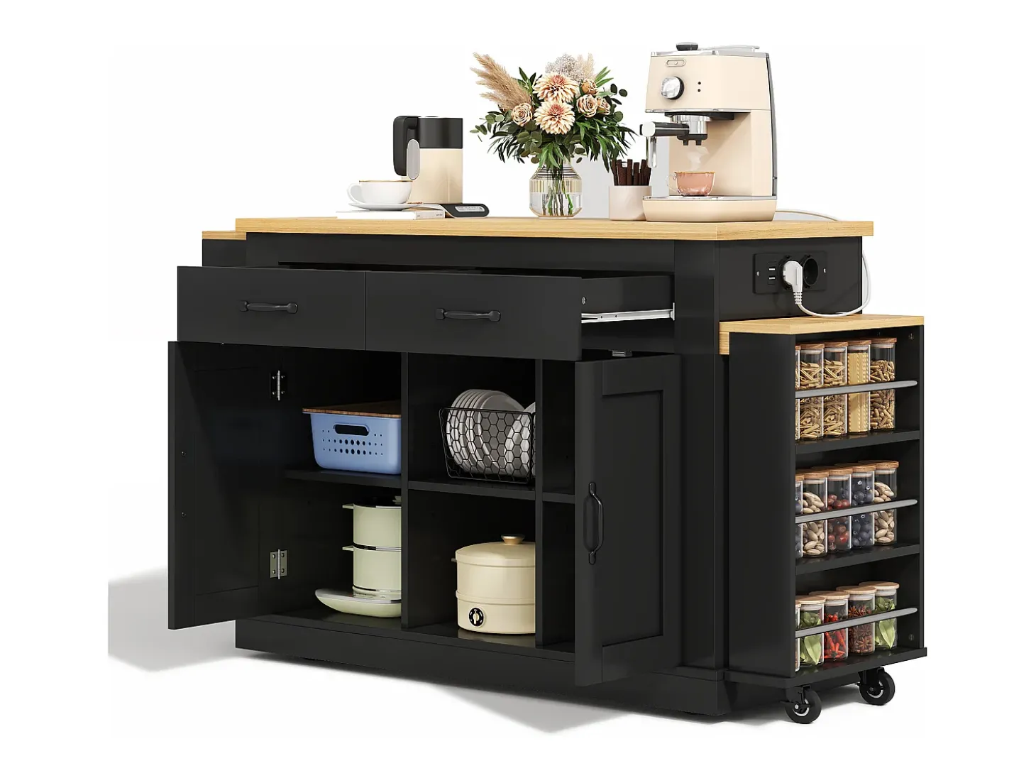 Ilha central de cozinha - 2 mesas de jantar extensíveis - con 2 tomadas de corriente y 2 portas USB - grande espaço de armazenamento - Natural + Preto