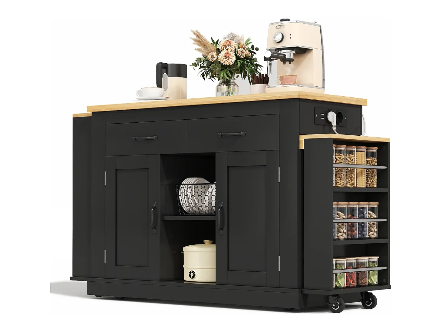 Ilha central de cozinha - 2 mesas de jantar extensíveis - con 2 tomadas de corriente y 2 portas USB - grande espaço de armazenamento - Natural + Preto