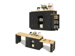 Ilha central de cozinha - 2 mesas de jantar extensíveis - con 2 tomadas de corriente y 2 portas USB - grande espaço de armazenamento - Natural + Preto