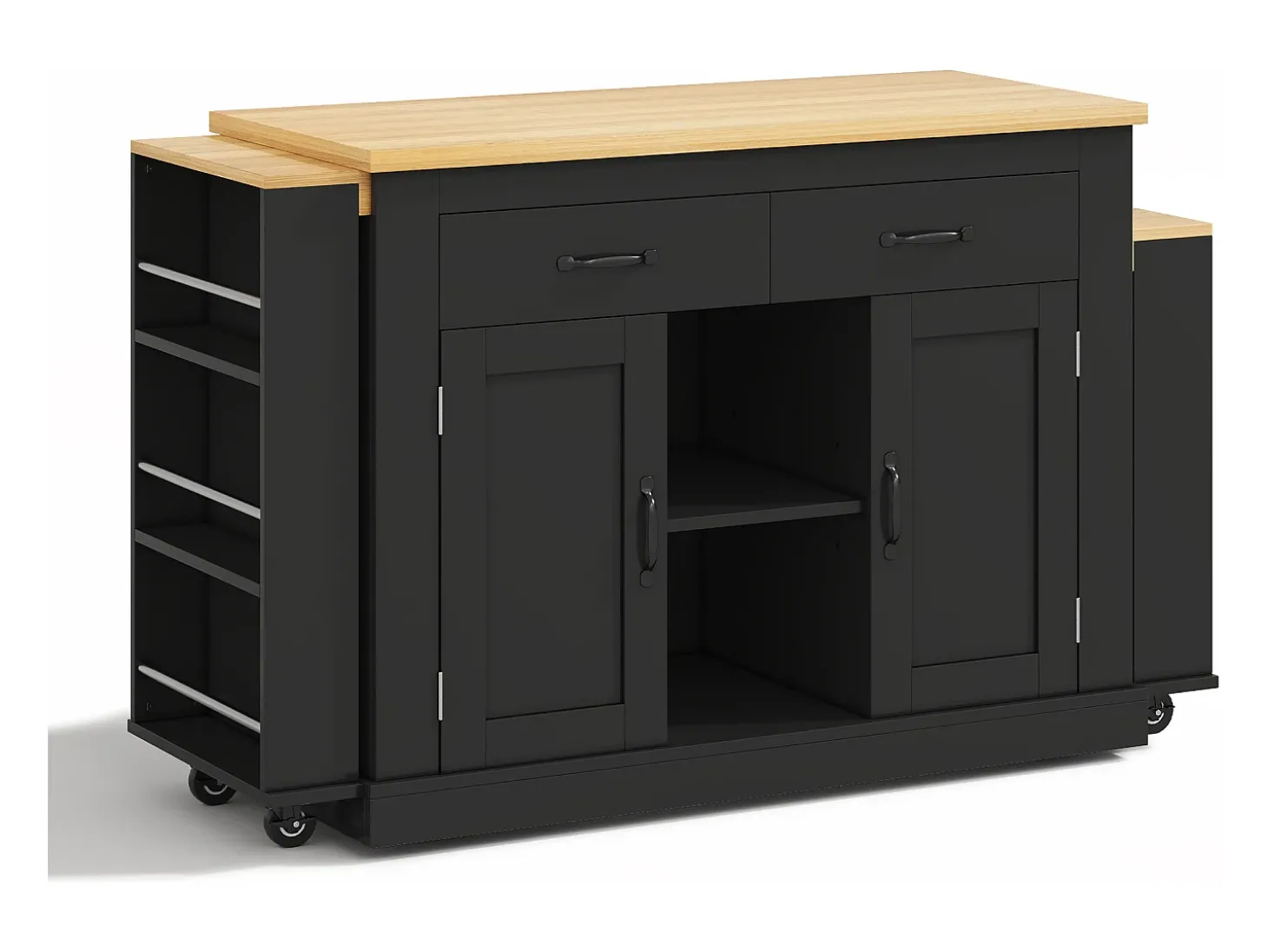Ilha central de cozinha - 2 mesas de jantar extensíveis - con 2 tomadas de corriente y 2 portas USB - grande espaço de armazenamento - Natural + Preto