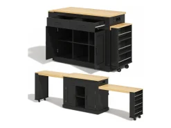 Ilha central de cozinha - 2 mesas de jantar extensíveis - con 2 tomadas de corriente y 2 portas USB - grande espaço de armazenamento - Natural + Preto