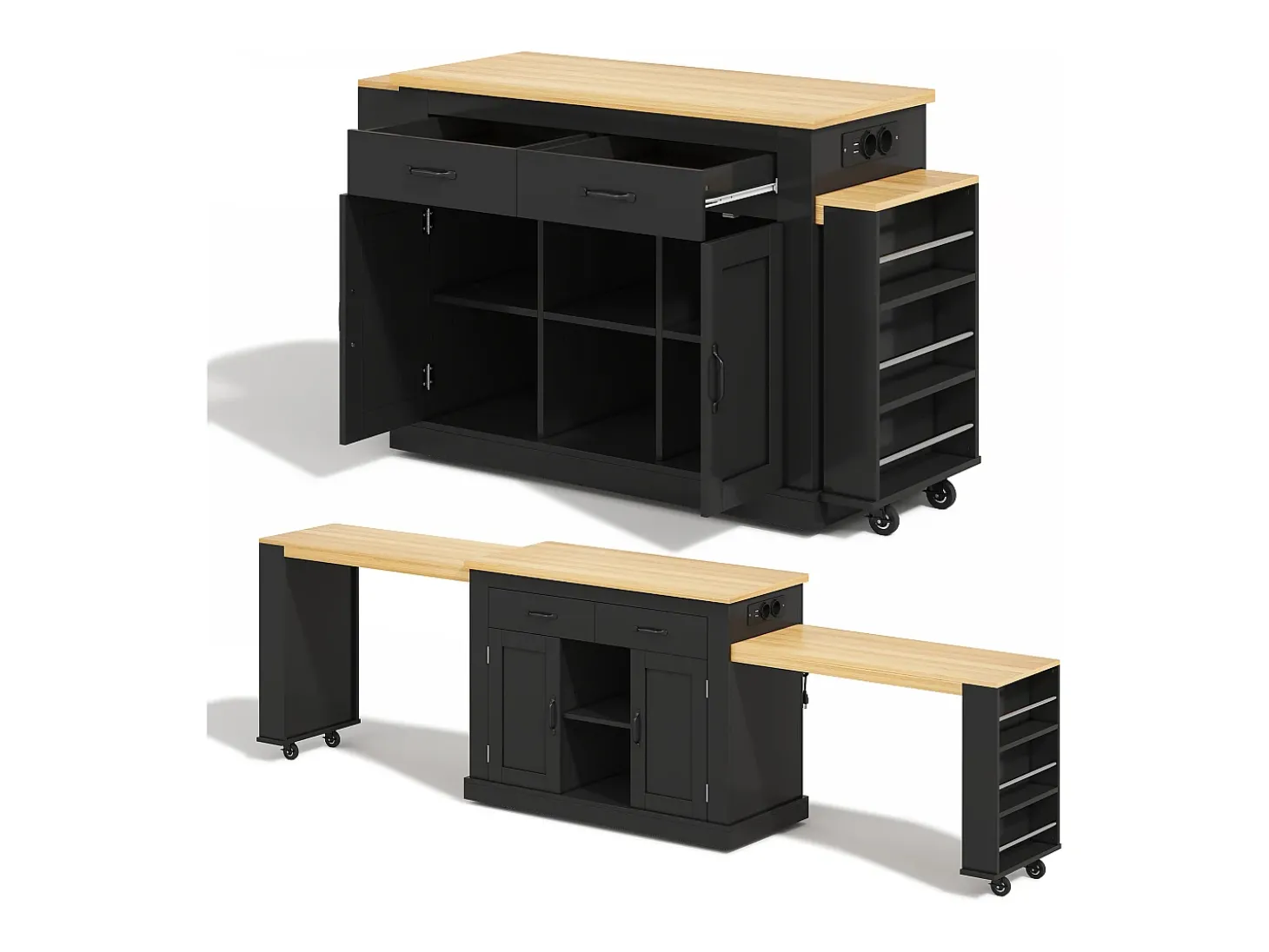 Ilha central de cozinha - 2 mesas de jantar extensíveis - con 2 tomadas de corriente y 2 portas USB - grande espaço de armazenamento - Natural + Preto