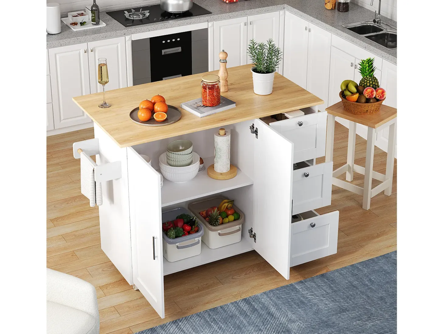 Ilha central de cozinha - com balcão dobrável - 3 gavetas e prateleiras ajustáveis - Branco